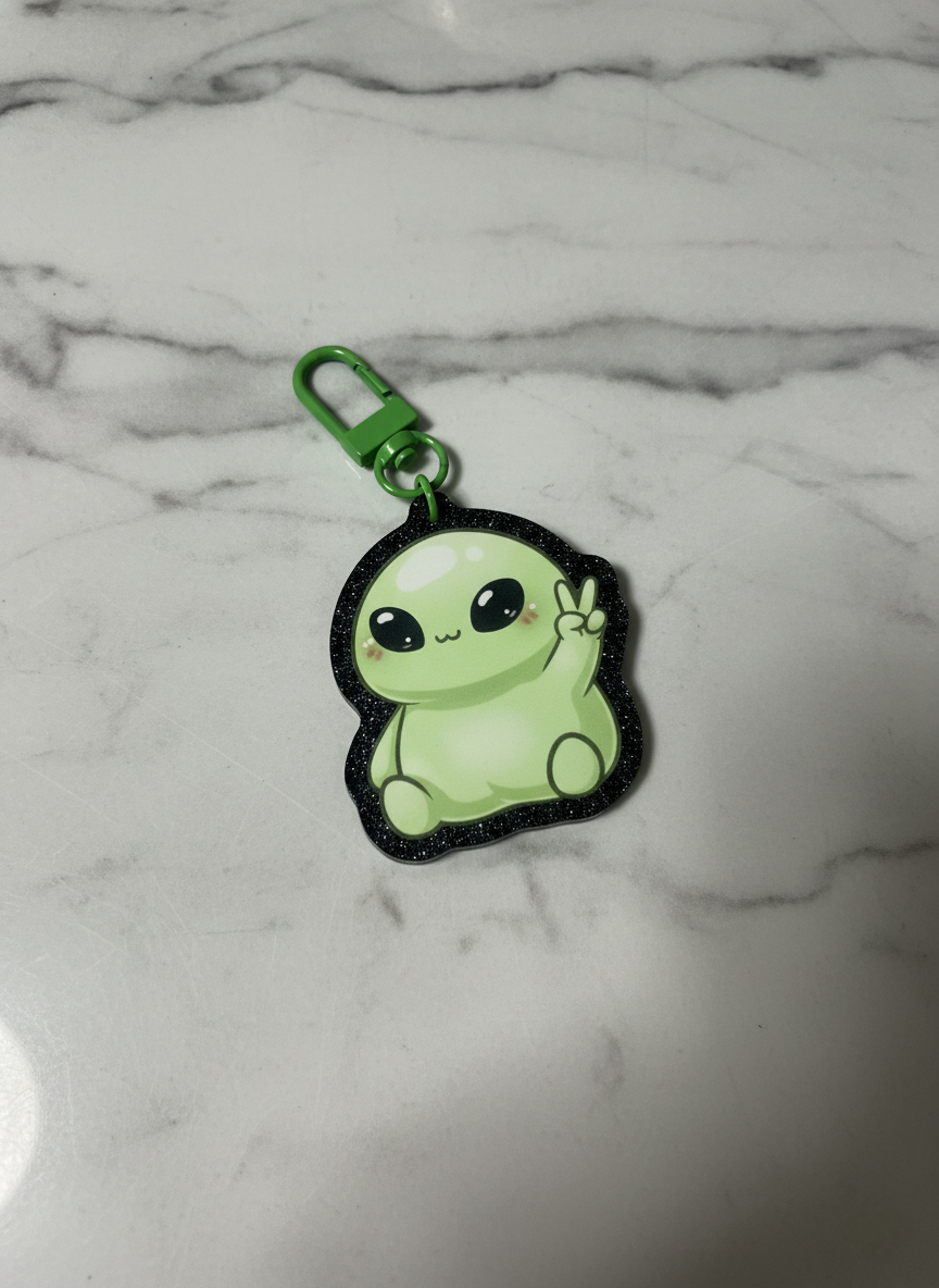 PEENce Out Acrylic Alien on Black Sparkle Keychain