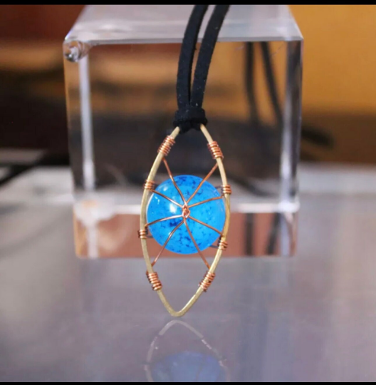Addison's Werewolf Glowing "Moonstone" Necklace,  Gift 2 Zombies Fan, Blue or Aqua Glow in the Dark Wire Wrapped Horse Eye Necklace