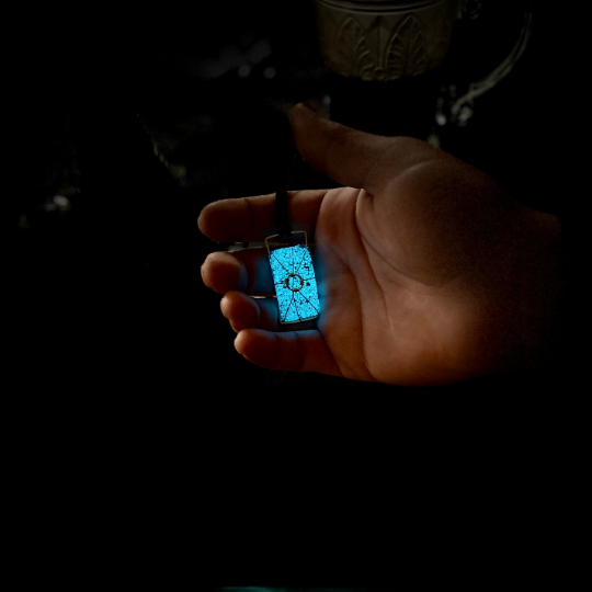 Wyatt's Werewolf Glowing "Moonstone" Necklace 2, Zombies Fan Gift, Wyatt Costume, Blue Glow in the Dark Wire Wrapped Rectangle Necklace