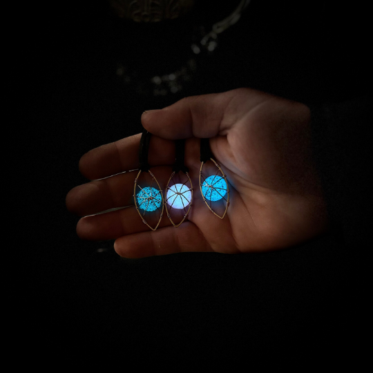 Addison's Werewolf Glowing "Moonstone" Necklace, Gift 2 Zombies Fan, Blue or Aqua Glow in the Dark Wire Wrapped Horse Eye Necklace