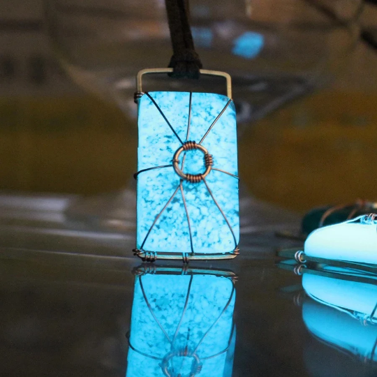 Wyatt's Werewolf Glowing "Moonstone" Necklace 2, Zombies Fan Gift, Wyatt Costume, Blue Glow in the Dark Wire Wrapped Rectangle Necklace