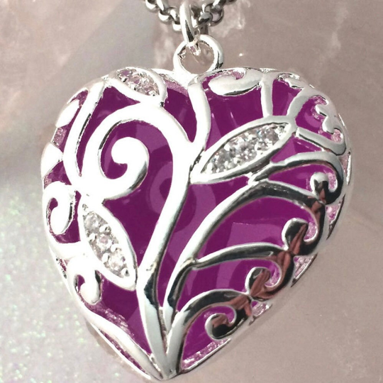 Glow in the Dark Encaged Heart Necklace, Floral Design