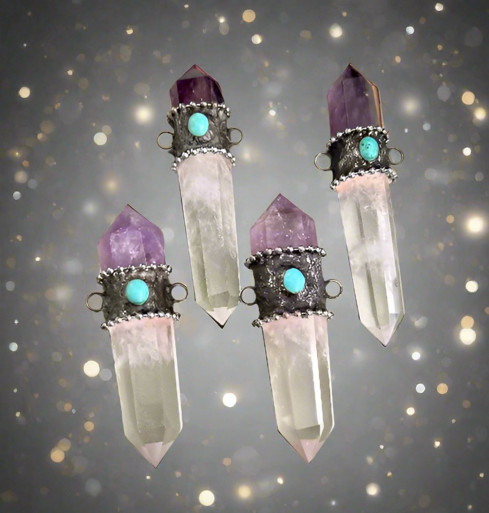 Glow In The Dark Amethyst and Clear Quartz Pendant Atlantis Necklace Amethyst Crystal Double Point Witch Wicca Goth Pagan Gemstone Necklace