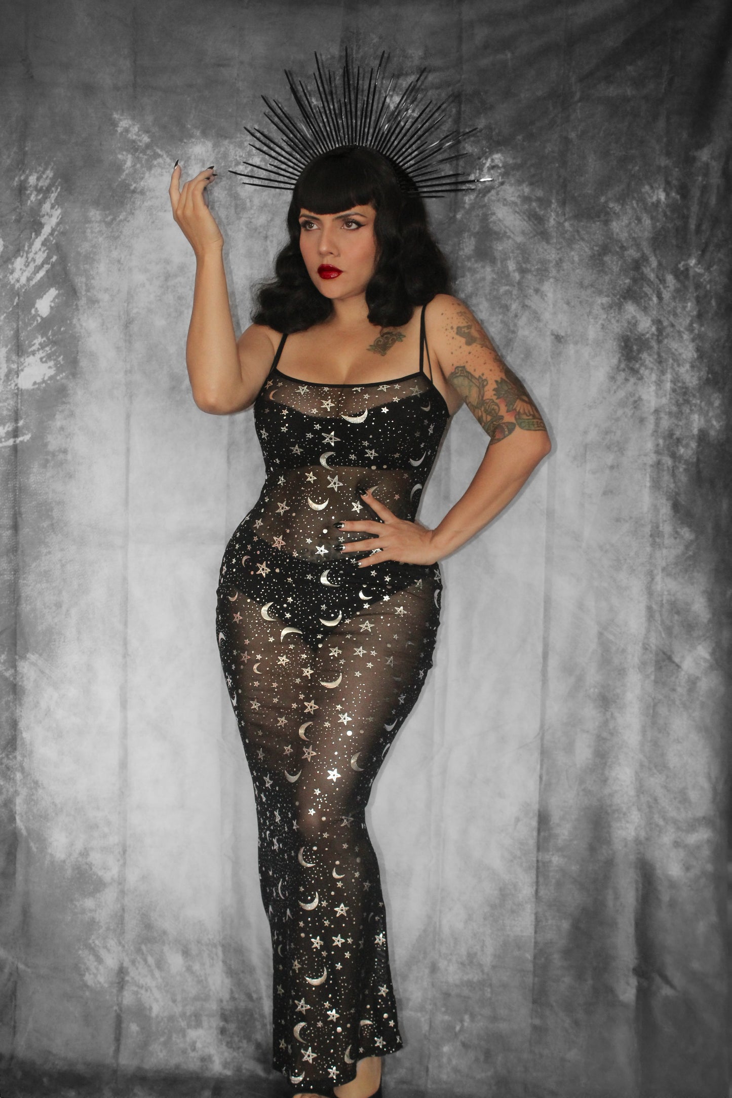 Sheer Hourglass Maxi Dress - Metallic Moon & Stars - READY to SHIP