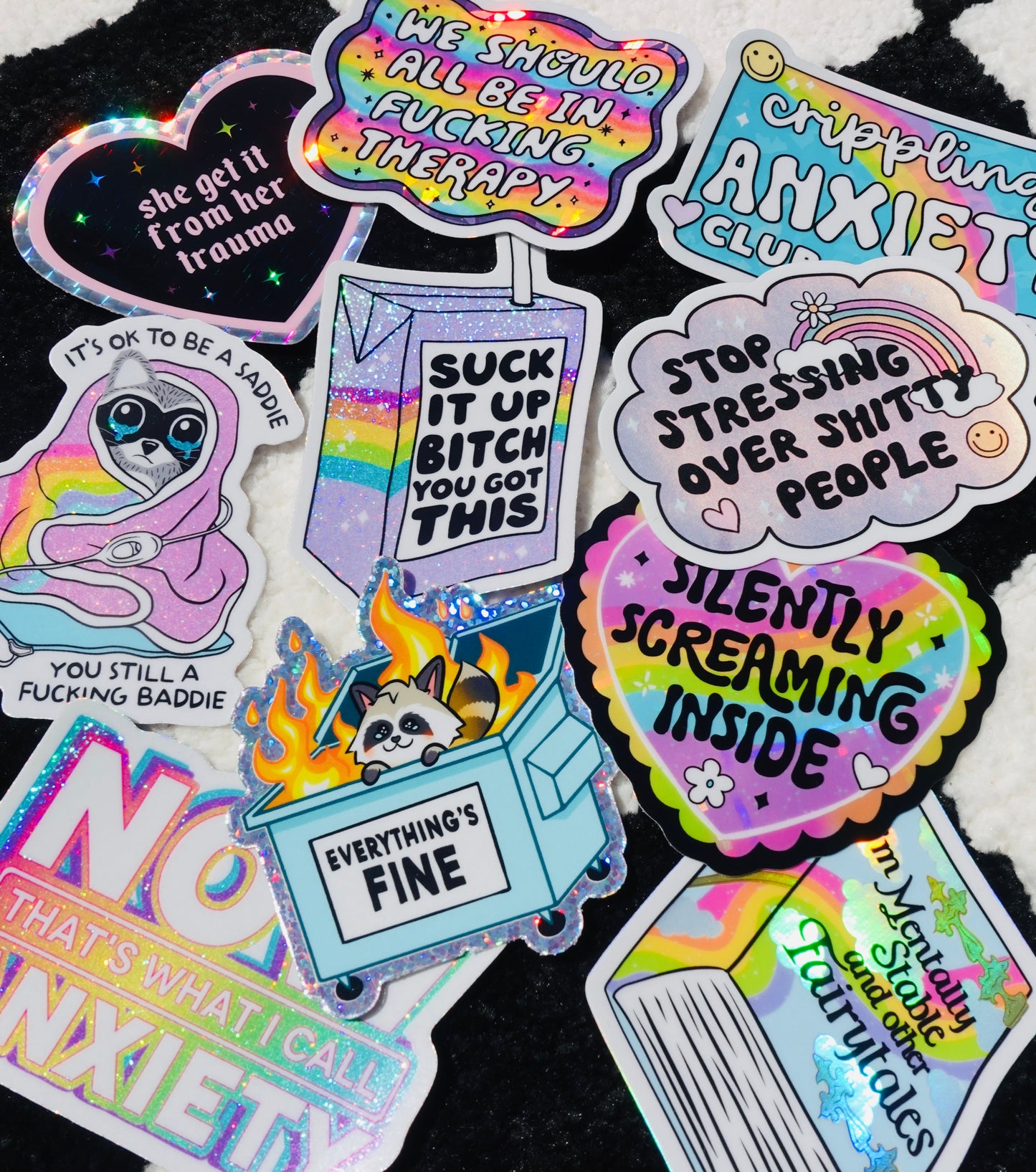 Funny Mental Health Sticker Pack –  Holographic Waterproof Vinyl Decals – Discounted Bundle of Anxiety, Therapy & Trauma Humor
