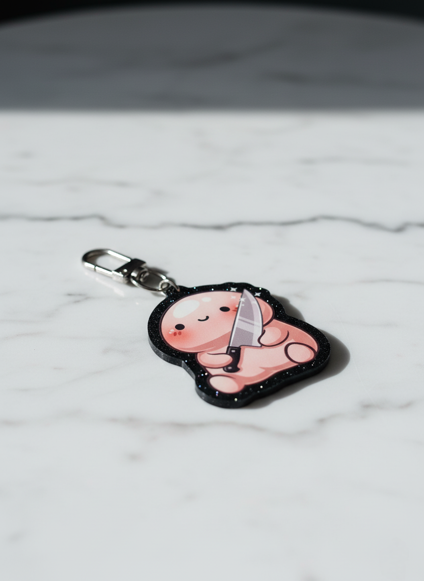 The Foreskin Of A Killer Acrylic Slasher Peen On Black Sparkle Keychain