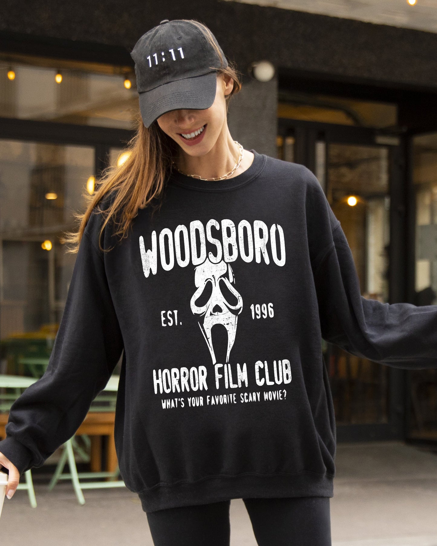 Woodsboro, Horror Film, Skeleton, Skull, Spooky, Aesthetic, Meme, Halloween, Costume Sweatshirt