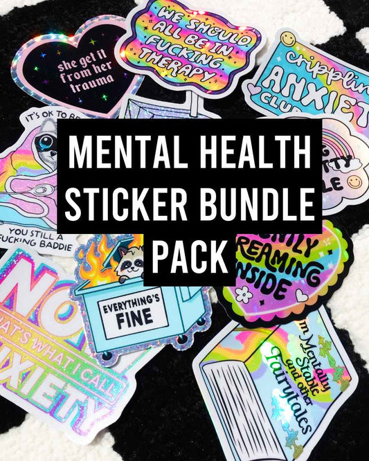 Funny Mental Health Sticker Pack –  Holographic Waterproof Vinyl Decals – Discounted Bundle of Anxiety, Therapy & Trauma Humor