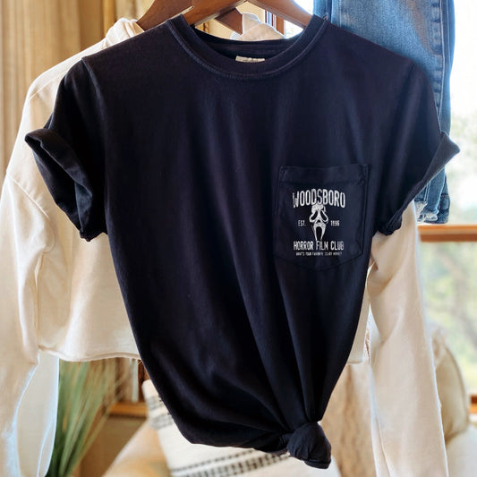 Woodsboro Horror Film Club Halloween Pocket Comfort Colors Tshirt