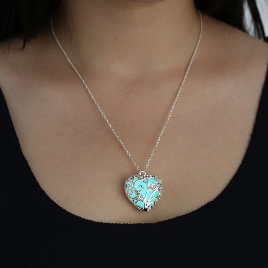 Glow in the Dark Encaged Heart Necklace, Floral Design