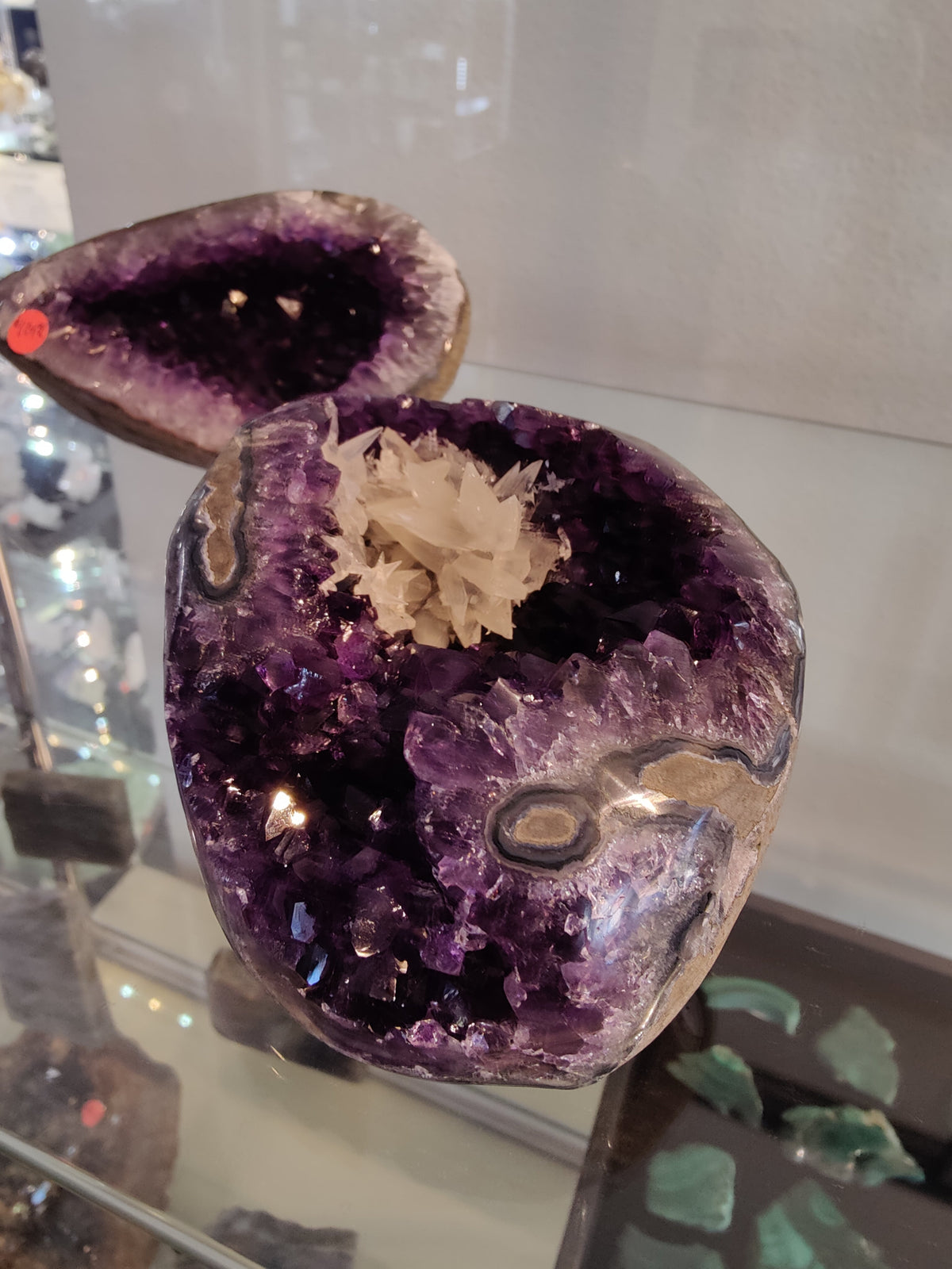 Amethyst with Scalenohedral "Dogtooth" Calcite Cluster Inclusion Geode Sculpture